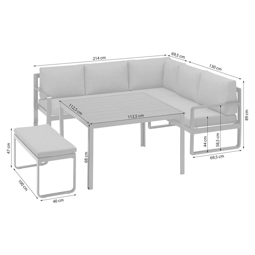 Montert spise-loungesett Ocean aluminium 112,5x112,5 cm i hage