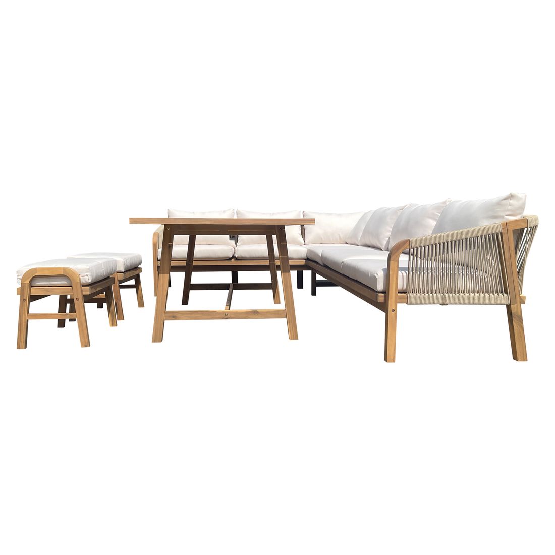 Montert spise-loungesett Pia akasie tau 150x90 cm på terrasse