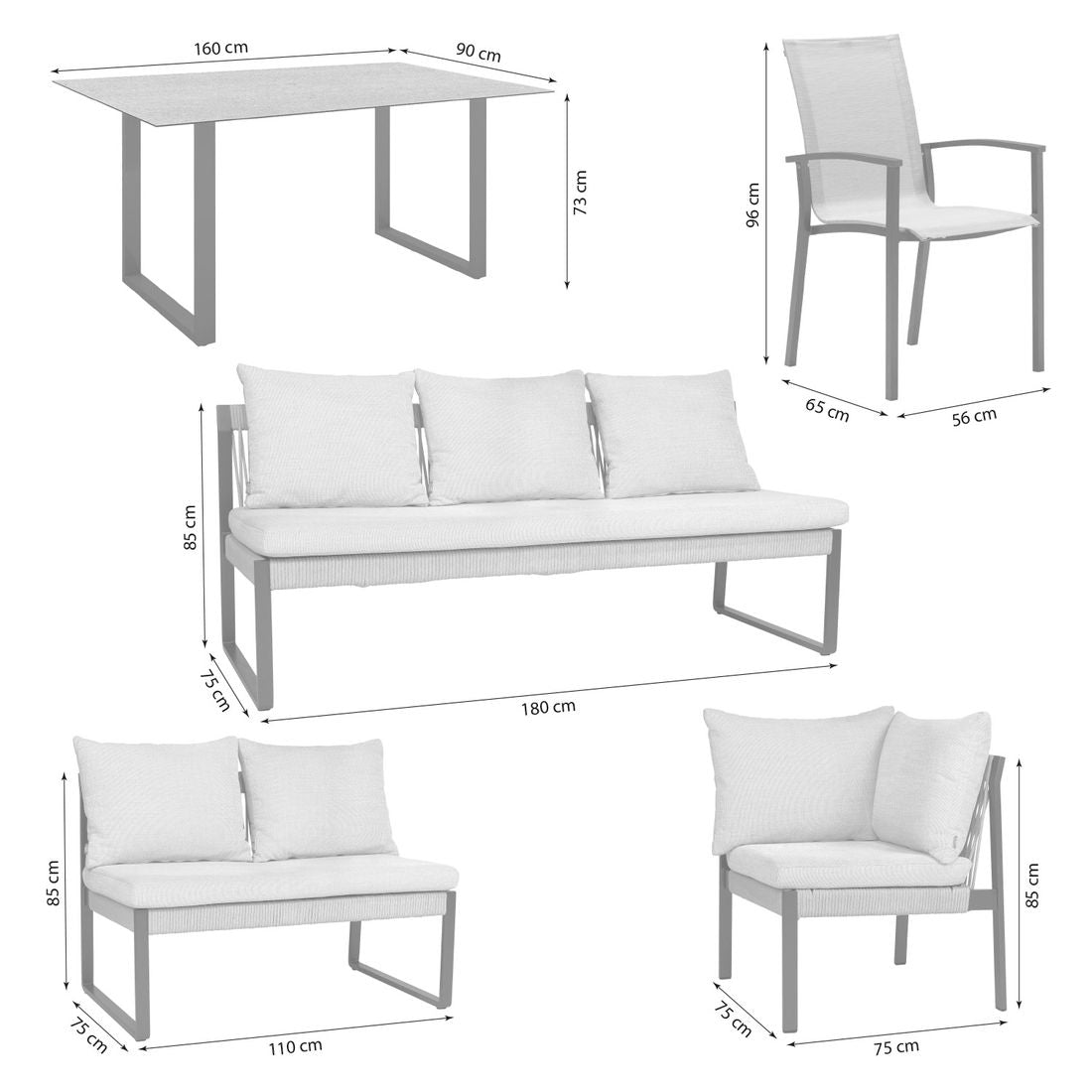 Montert Spise-loungesett Tammo aluminium/tau 160x90 cm på terrasse