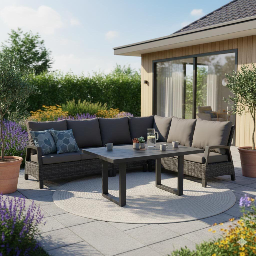 Spise-loungesett Taranto aluminium/polyrotting 140x85 cm forfra