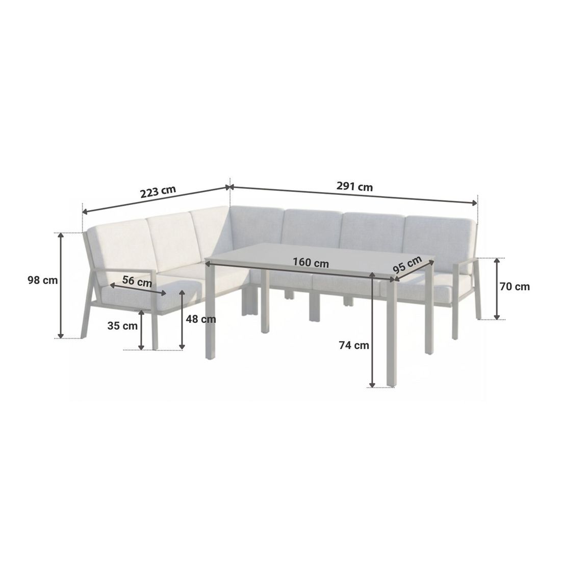 Spise-loungesett Zenith aluminium olefin 160x95 cm detalj av stoff