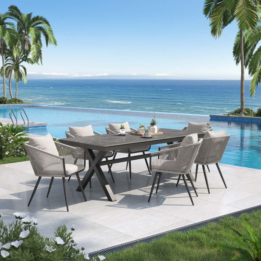 Spisesett ute Alex 6 plasser aluminium/keramikk 220x100 cm forfra