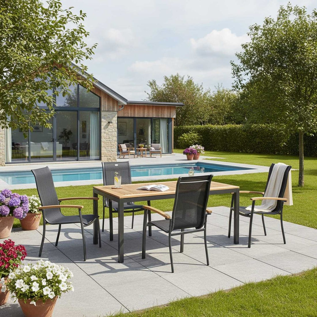 Spisesett ute Alice 4 plasser aluminium teak forfra