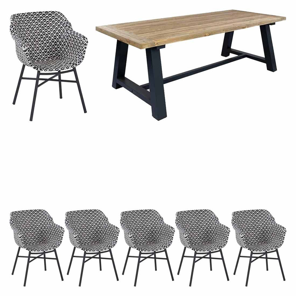 Spisesett ute Delphine 6 plasser, polyrotting/teak 240x100 cm forfra