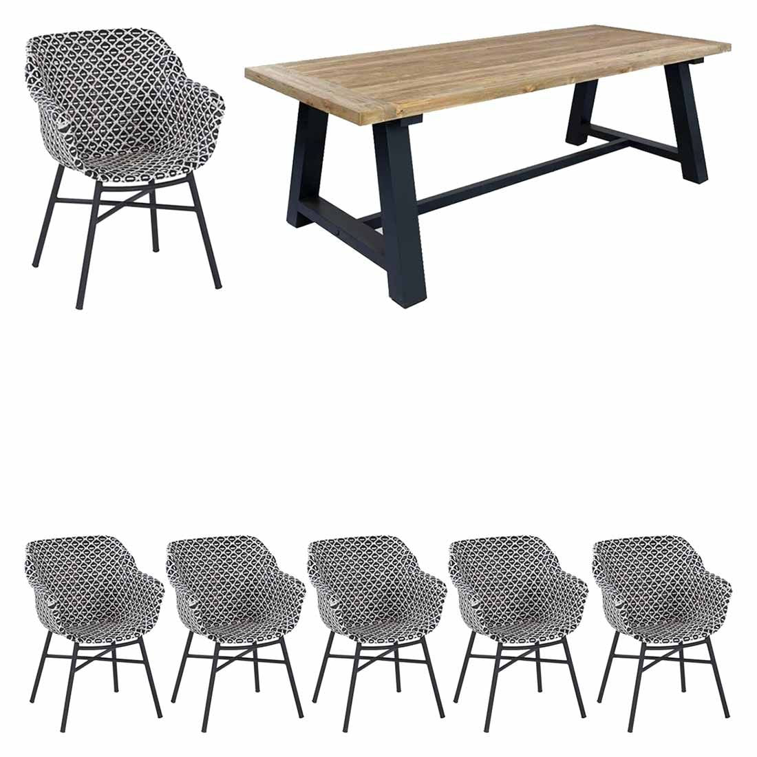 Spisesett ute Delphine 6 plasser, polyrotting/teak 240x100 cm forfra