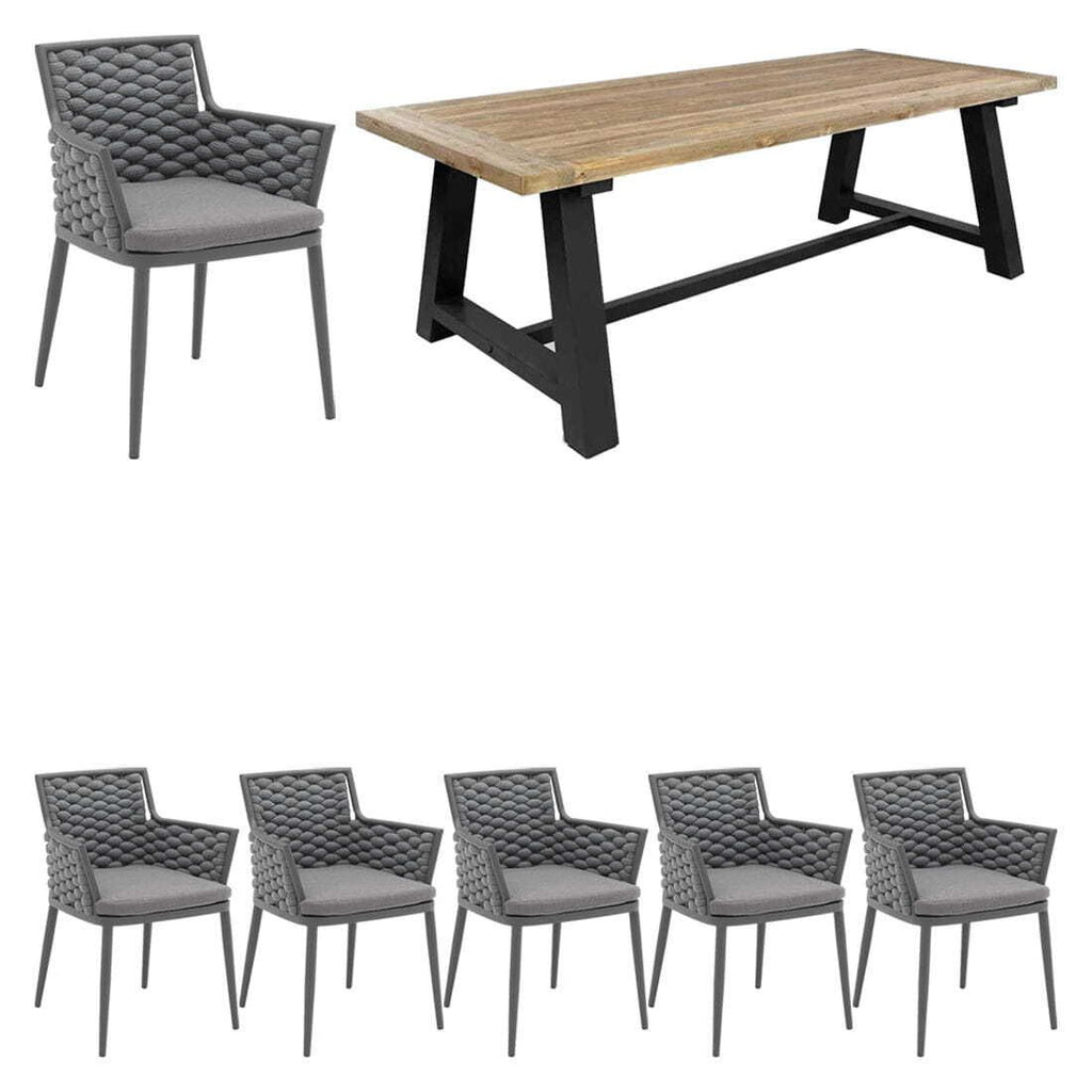 Spisesett ute Leon 7 deler aluminium og tau bakside