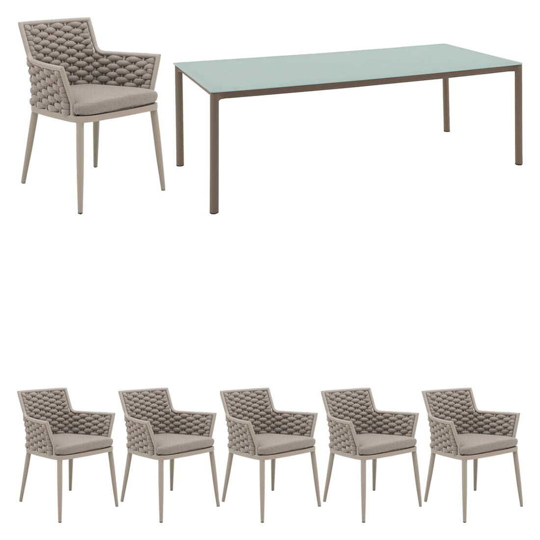 Spisesett ute Leon 7 deler aluminium og tau bakside