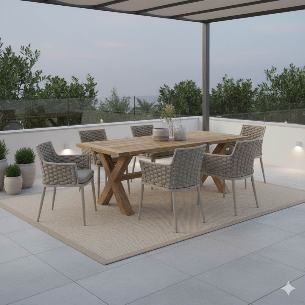 Spisesett ute Leon Dublin 7 deler aluminium og tau forfra