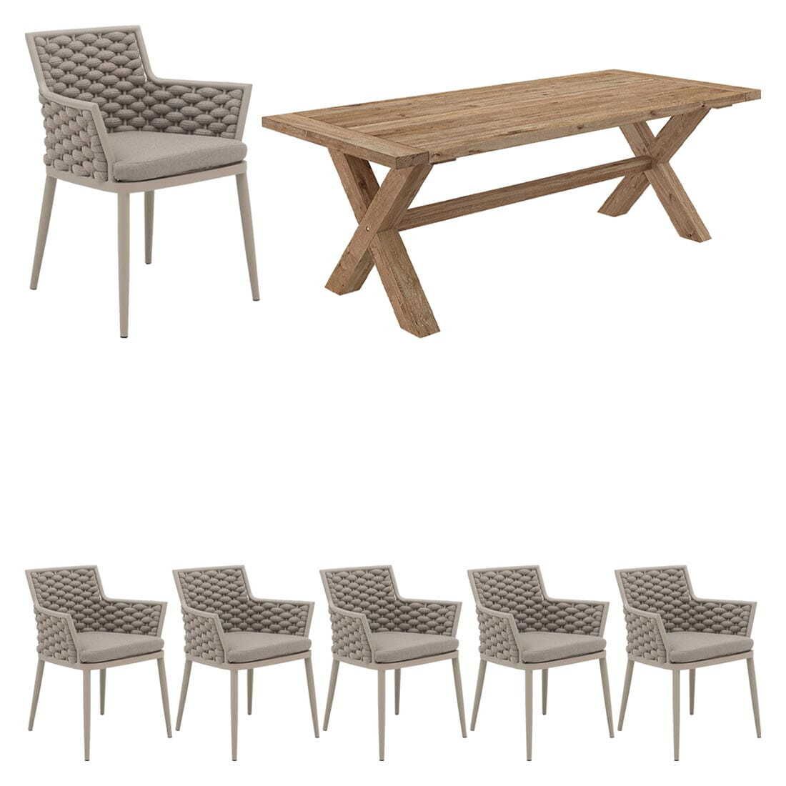 Spisesett ute Leon Dublin 7 deler aluminium og tau bakside