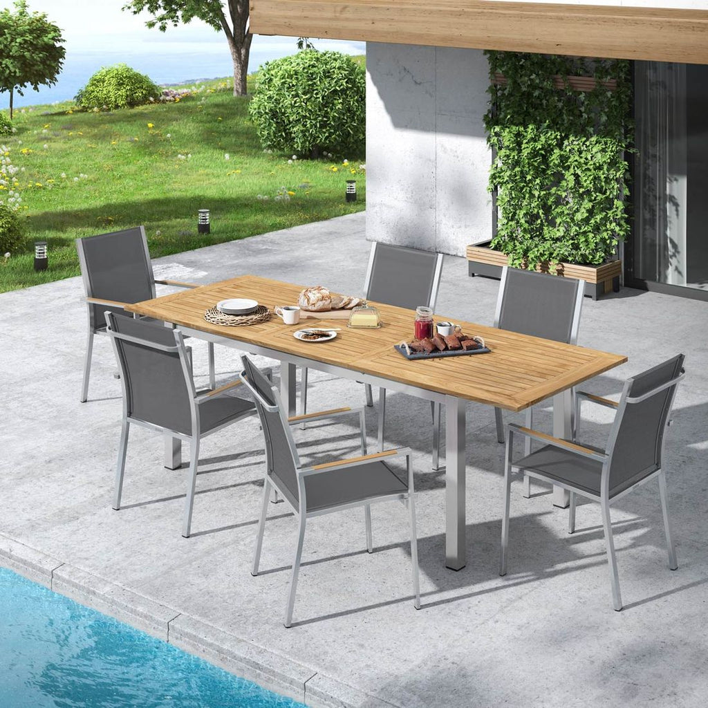 Spisesett ute One 6 plasser teak rustfritt stål foran