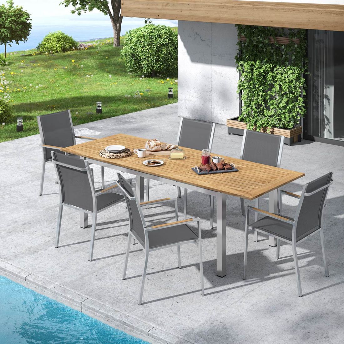 Spisesett ute One 6 plasser teak rustfritt stål foran