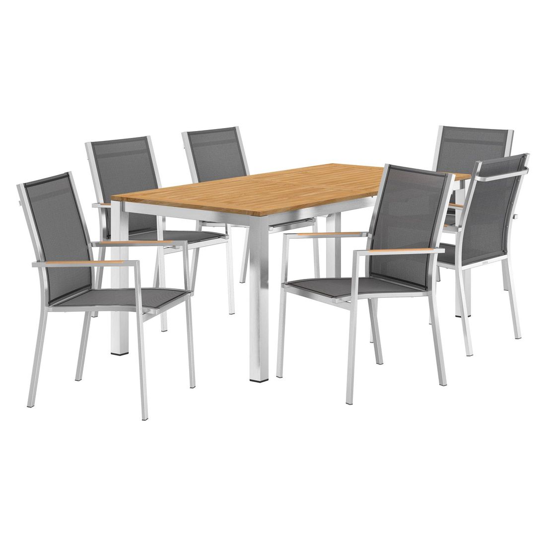 Spisesett ute One 6 plasser teak rustfritt stål bakside