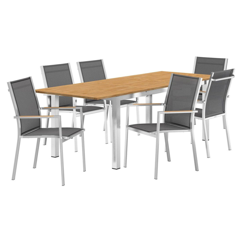 Spisesett ute One 6 plasser teak rustfritt stål montert ute