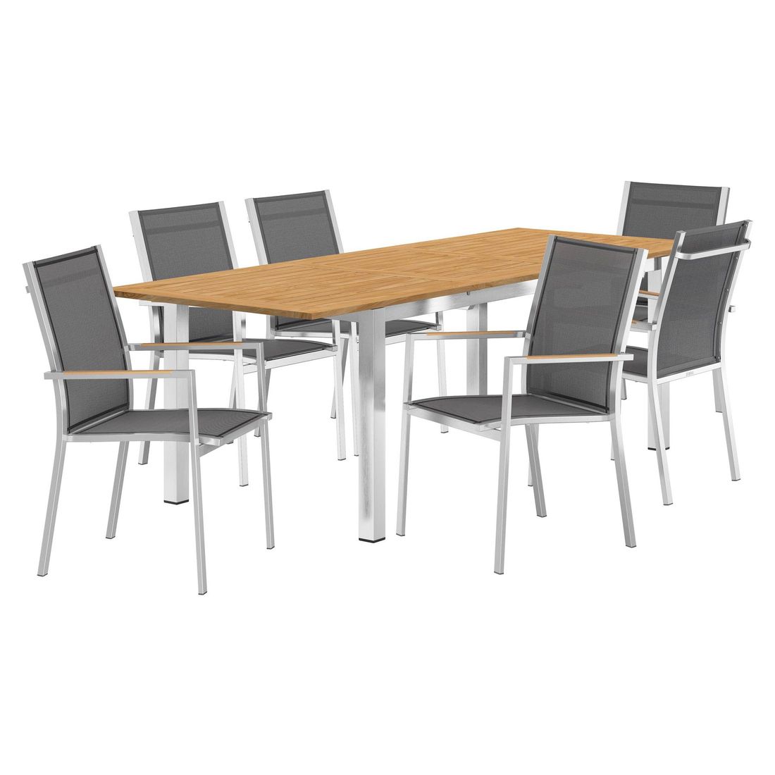 Spisesett ute One 6 plasser teak rustfritt stål montert ute