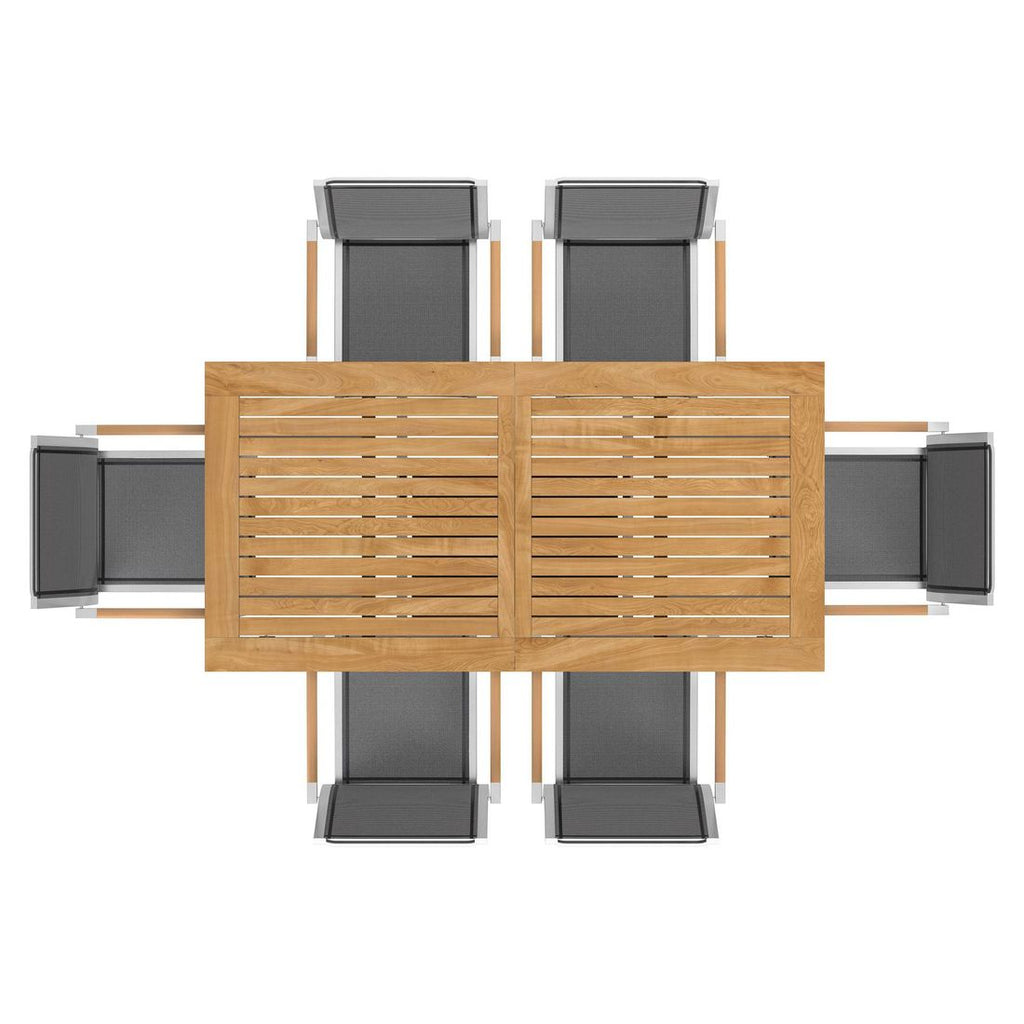 Spisesett ute One 6 plasser teak rustfritt stål utsnitt bordplate teak