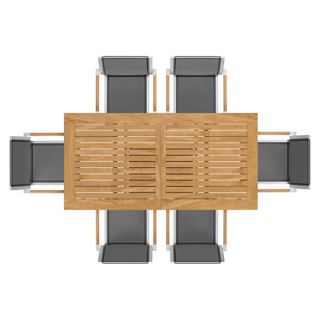 Spisesett ute One 6 plasser teak rustfritt stål utsnitt bordplate teak