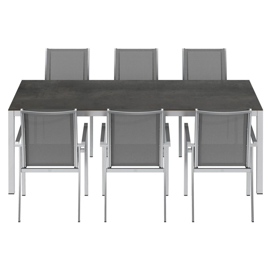 Spisesett ute Oviedo 6 plasser HPL 220x100cm svart/sølv montert på terrasse