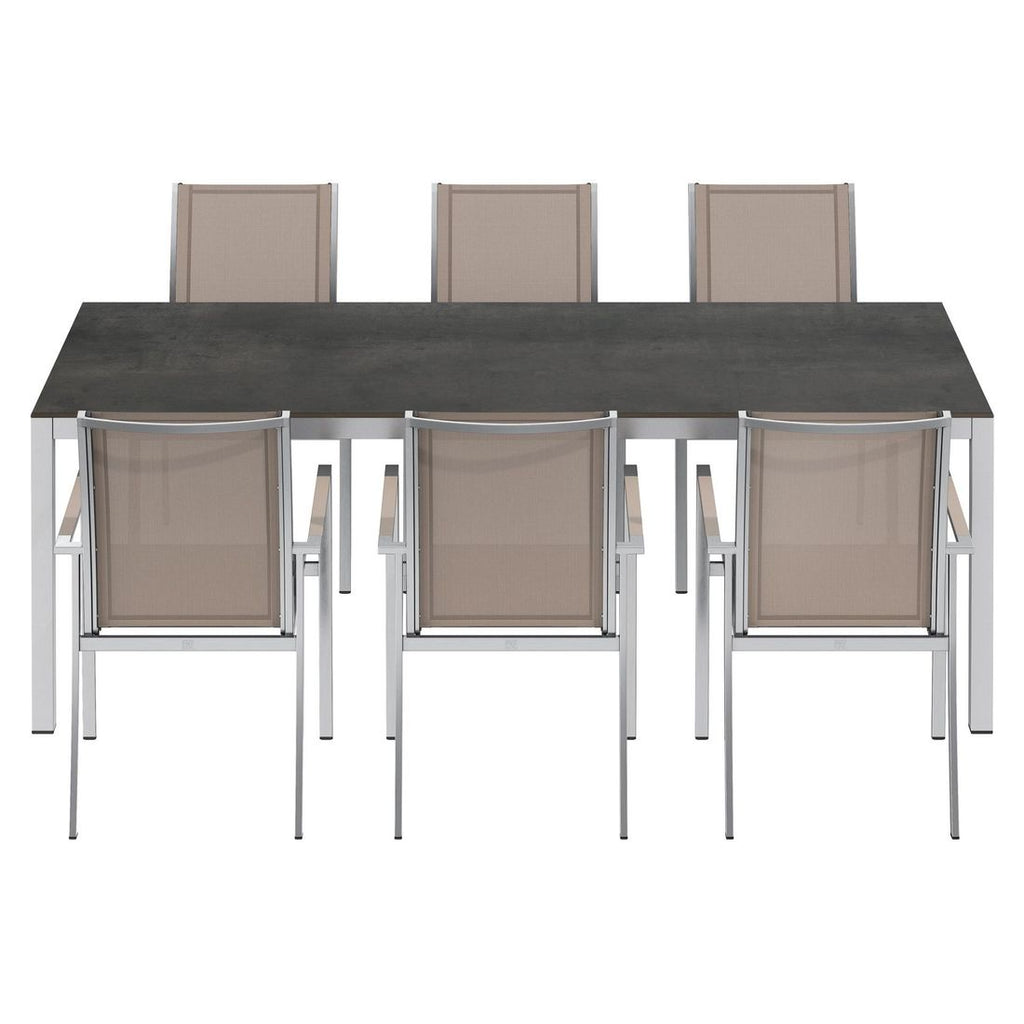 Spisesett ute Oviedo 6 plasser HPL 220x100cm taupe montert på terrasse