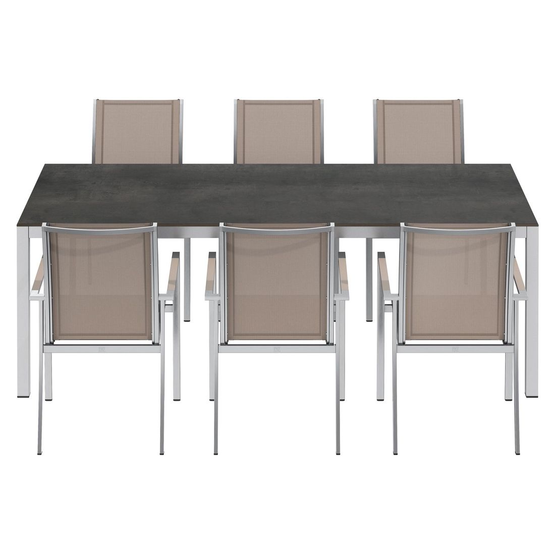 Spisesett ute Oviedo 6 plasser HPL 220x100cm taupe montert på terrasse