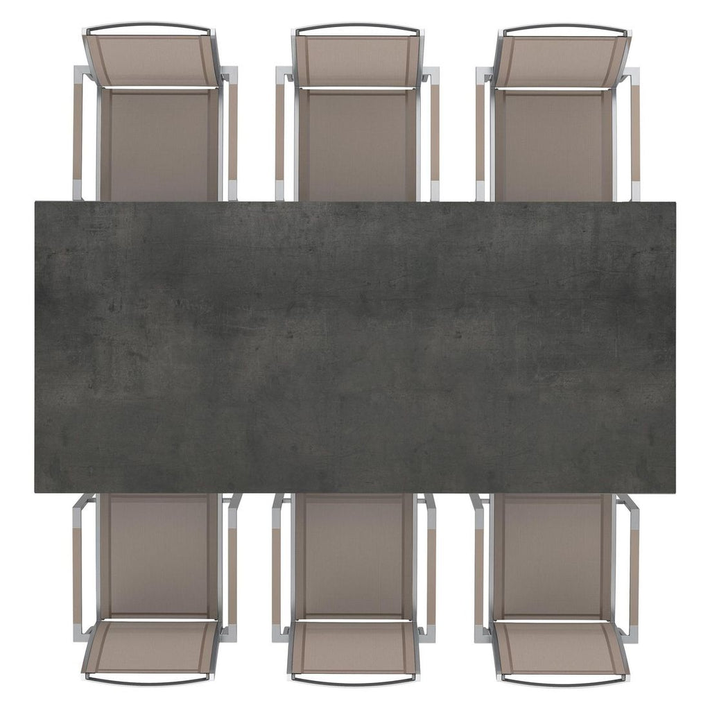Spisesett ute Oviedo 6 plasser HPL 220x100cm taupe nærbilde tekstilene sete
