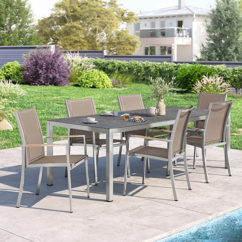 Spisesett ute Oviedo 6 plasser keramikk 220x100 cm taupe forfra