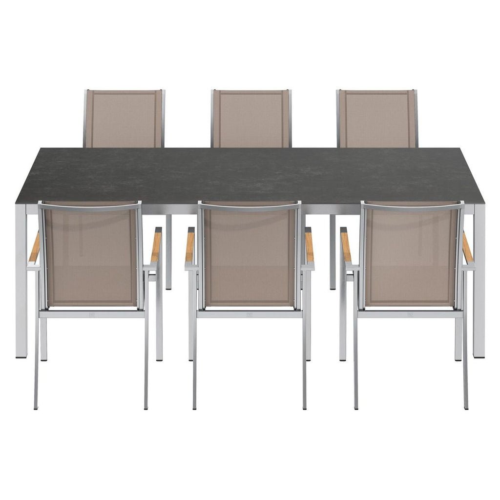 Spisesett ute Oviedo 6 plasser keramikk 220x100 cm taupe montert på terrasse