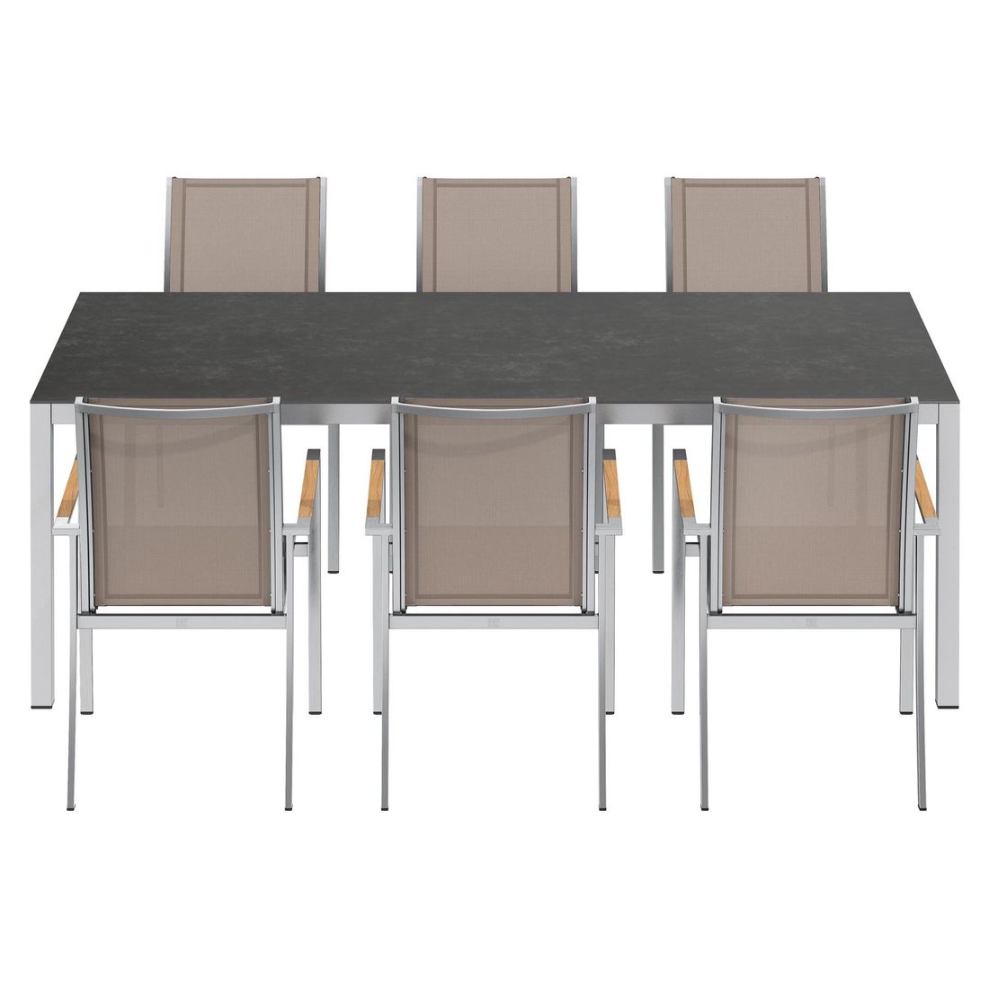 Spisesett ute Oviedo 6 plasser keramikk 220x100 cm taupe montert på terrasse