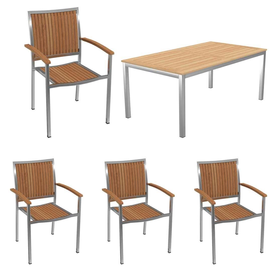 Spisesett ute Pasadena 4 plasser teak rustfritt stål bakside