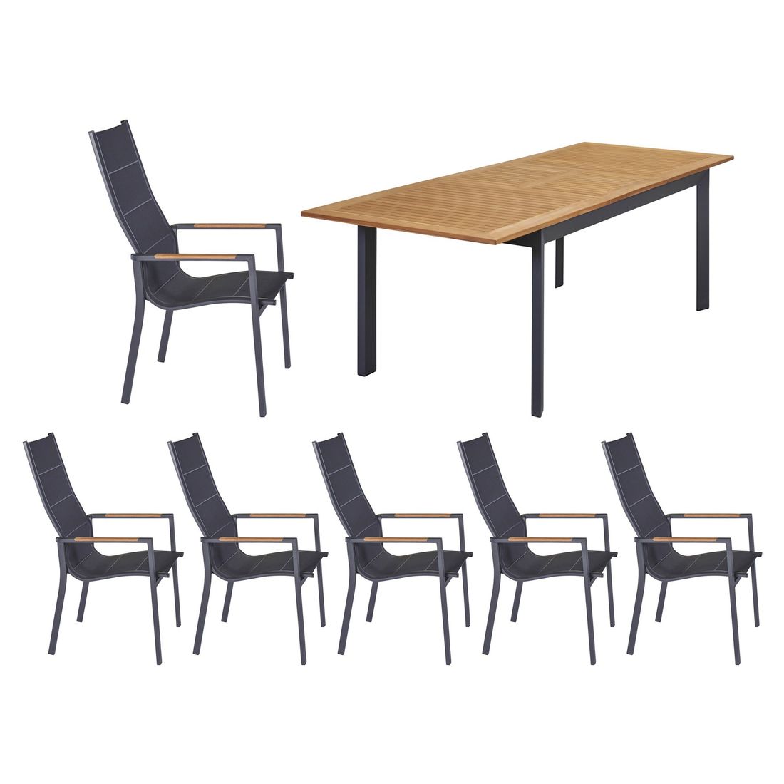 Spisesett ute Unicamo 6 plasser aluminium teak bakside