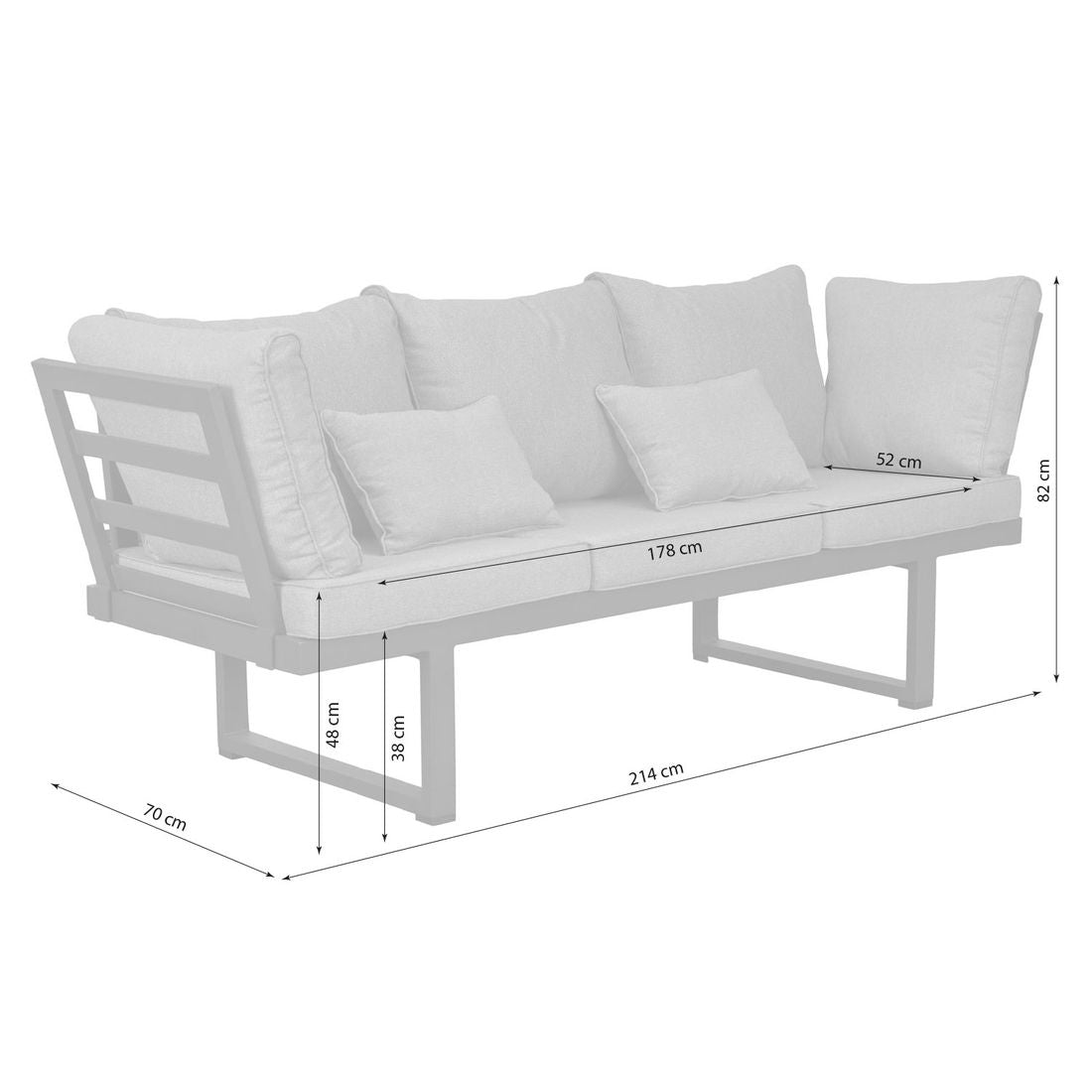 Detalj av spisesofa ute Bondino aluminium 214 cm antrasitt