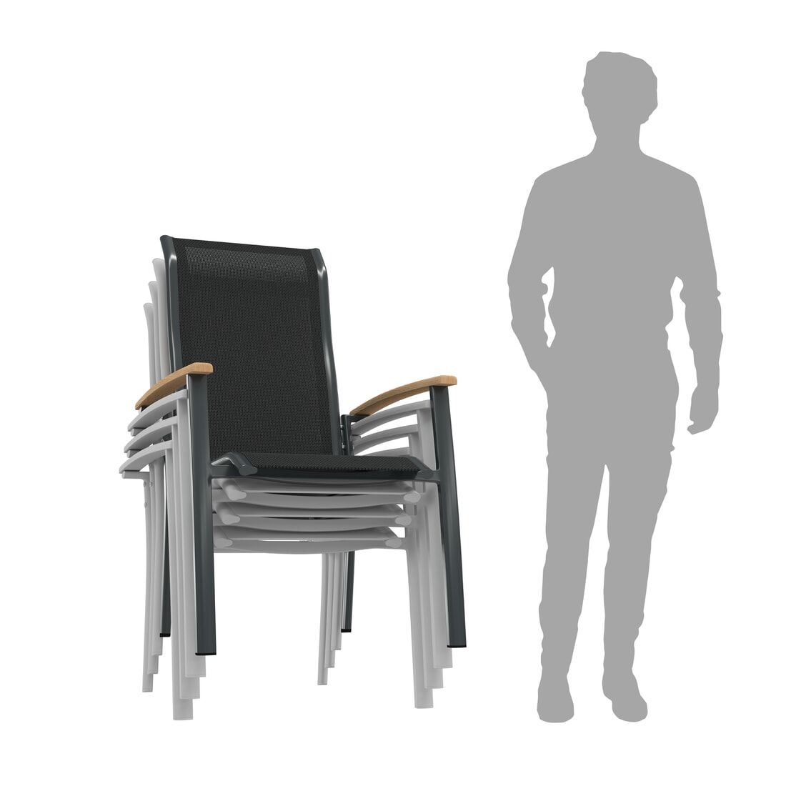 Stabelstol med armlener Alpha aluminium/textilen - OUTLIV montert på terrasse