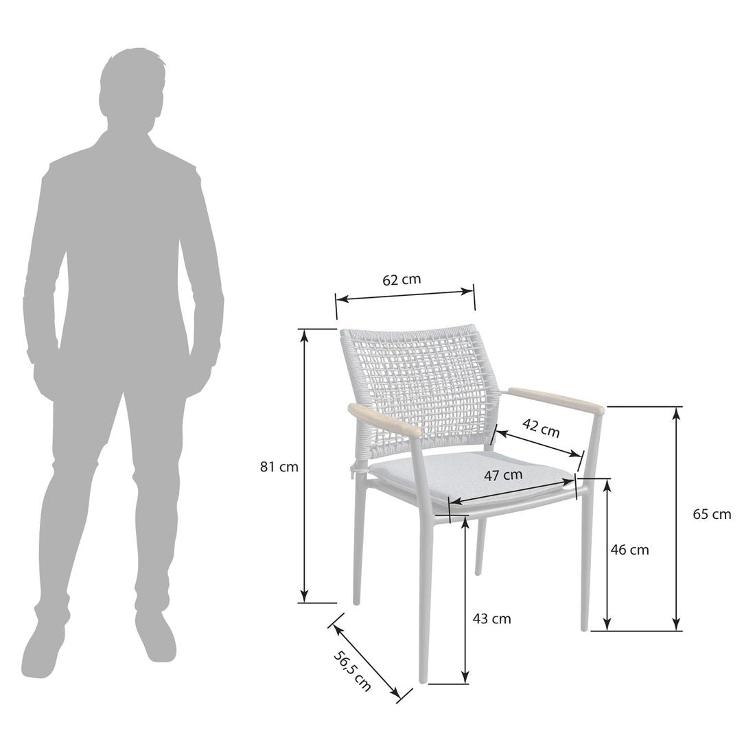 Detalj av Rope-fletting på Stabelstol Aruba aluminium med sittepute