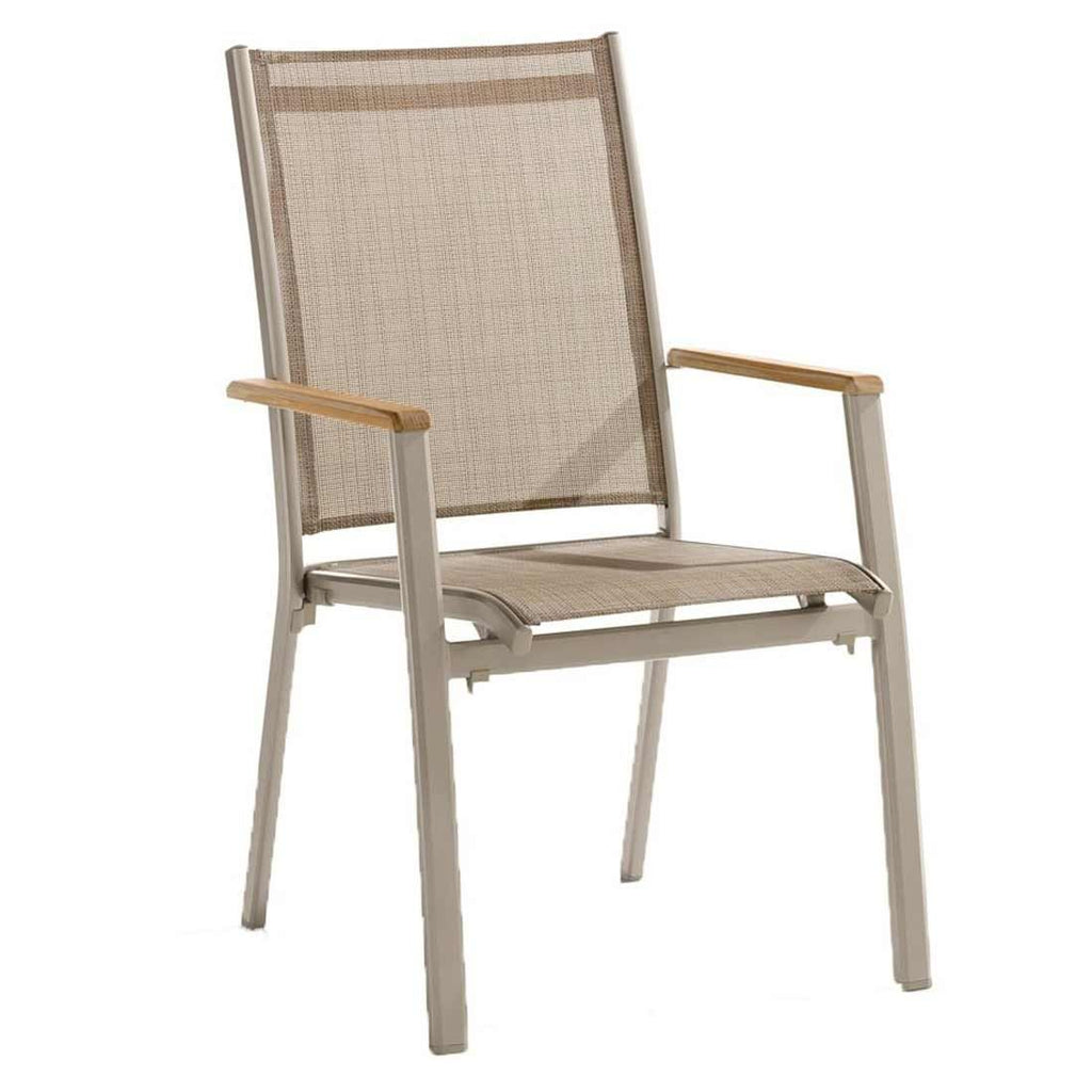 Stabelstol Cadiz aluminium/textilen med teak-armlener for hagebruk