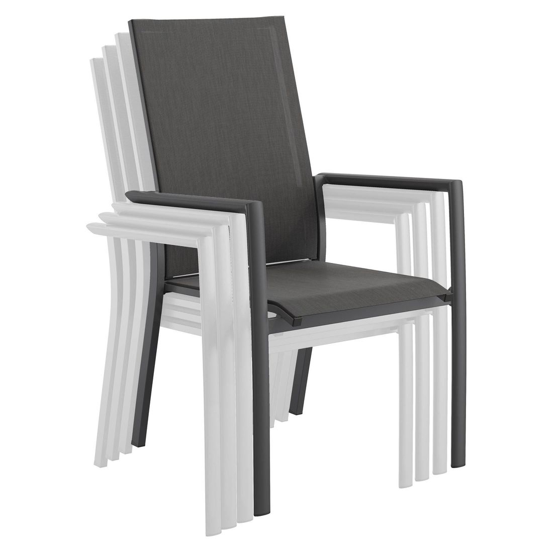 Stabelstol Lucca høyrygg aluminium/textilen - OUTLIV sideprofil