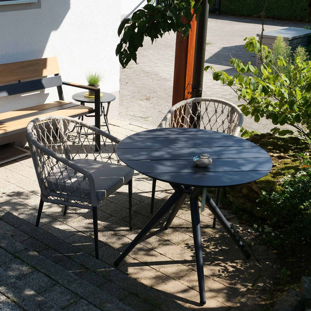 Stabelstoler Lugano aluminium tau med puter antrasitt beige stablet