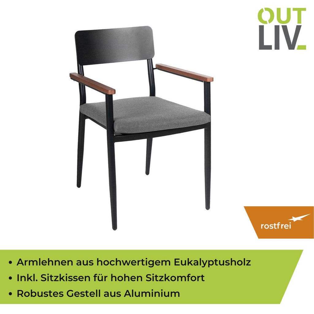 Detalj av armlener på Stabelstol med armlener Lorenzo aluminium med sittepute - OUTLIV