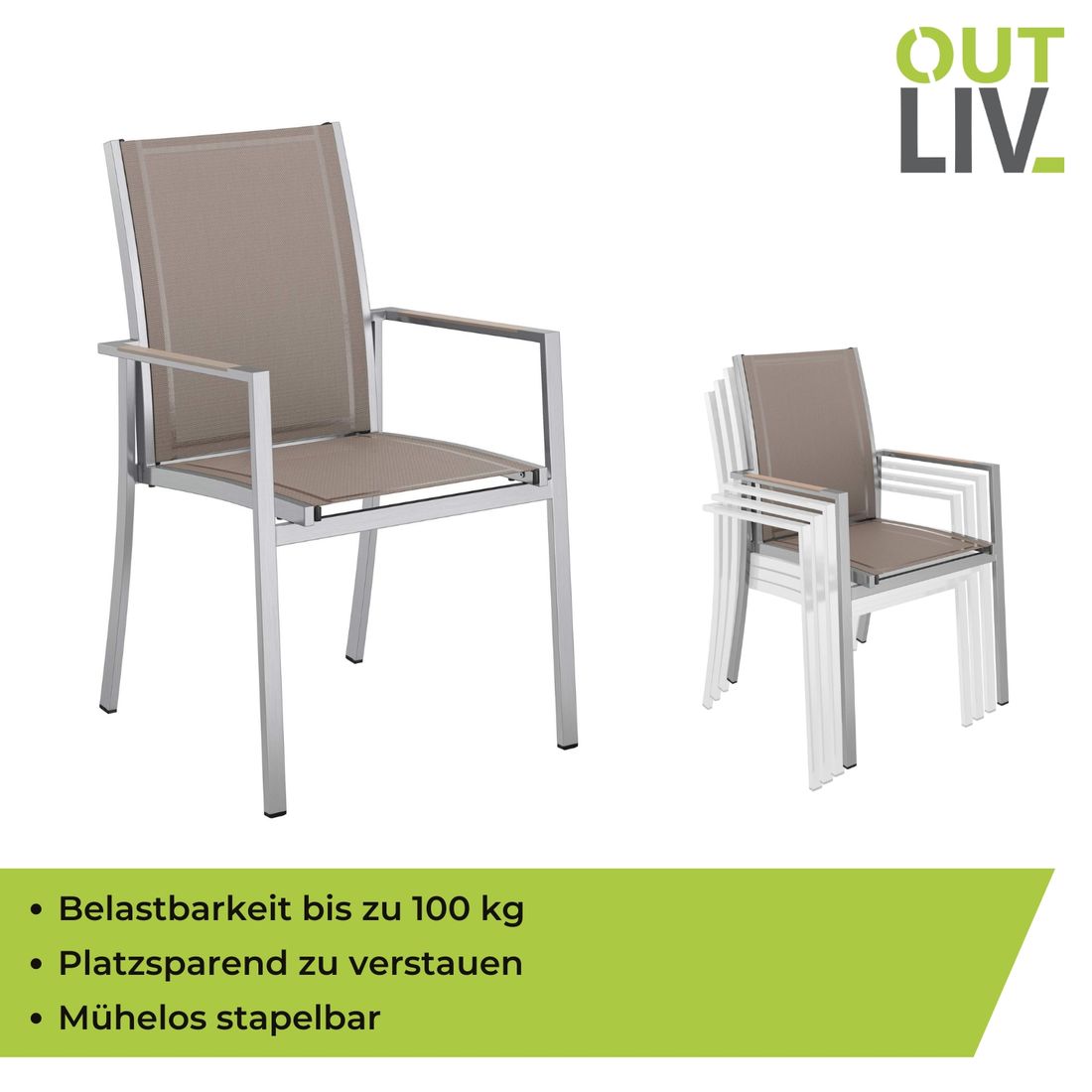 Stabelstol med armlener Oviedo rustfritt stål/textilen - OUTLIV i taupe farge