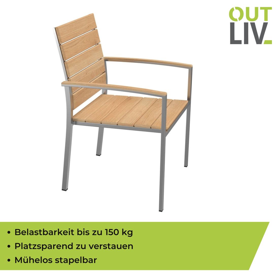 Nærbilde av rustfritt stål ramme på stabelstol ute Pamplona rustfritt stål/teak