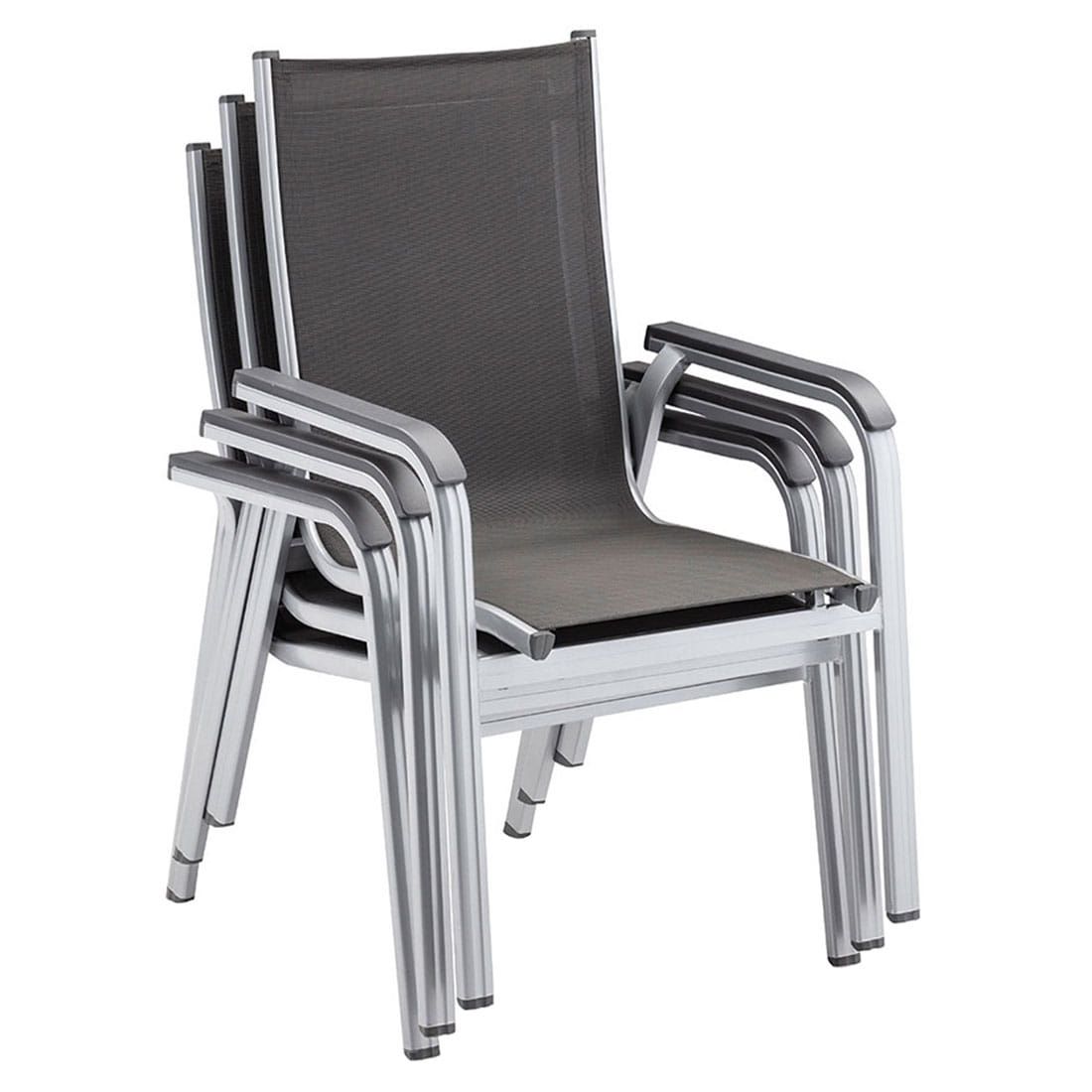 Nærbilde av armlene på Stabelstol-sett Basic Plus aluminium/textilen sølv