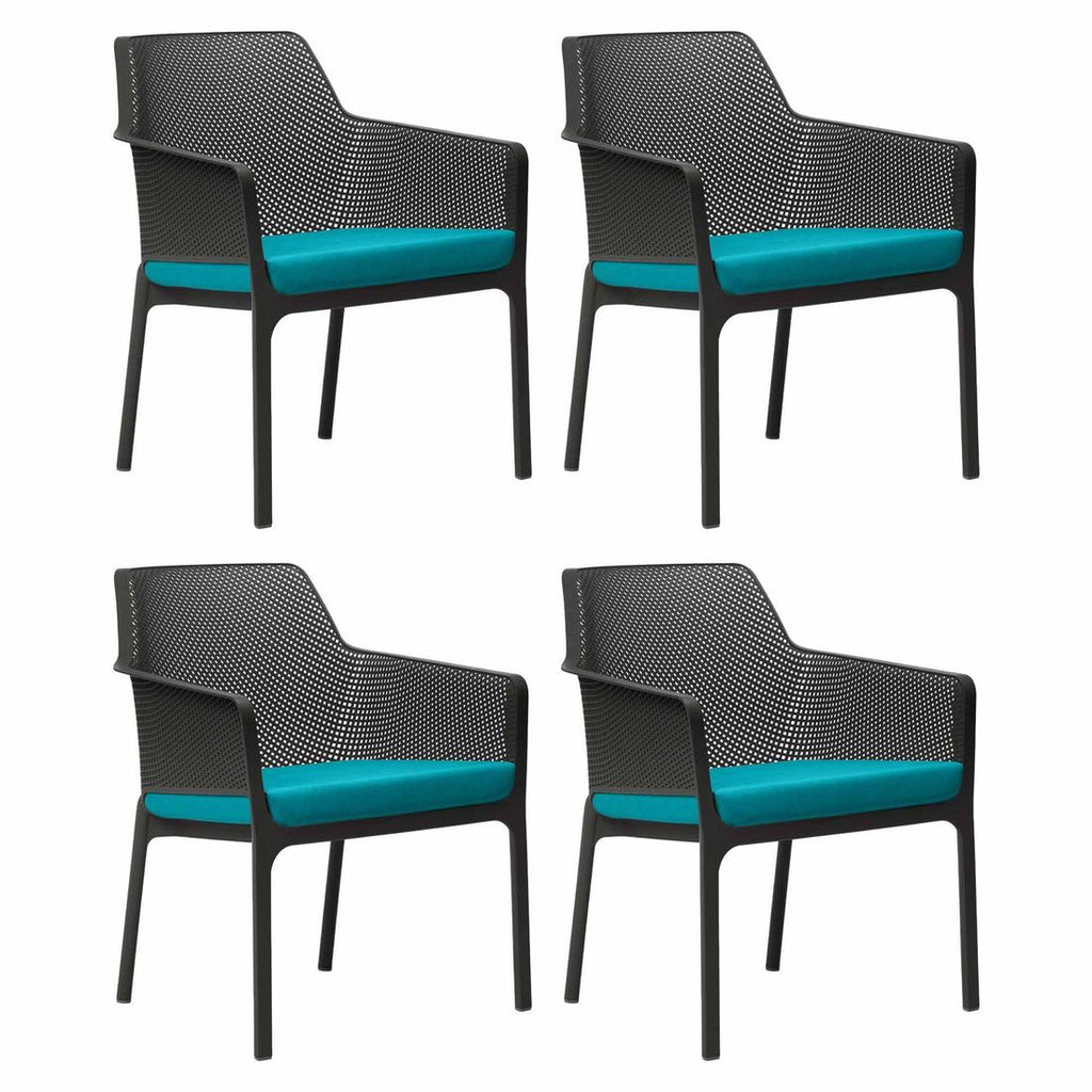 Stabelstol-sett Net Relax 8 deler med sitteputer plast montert på terrasse