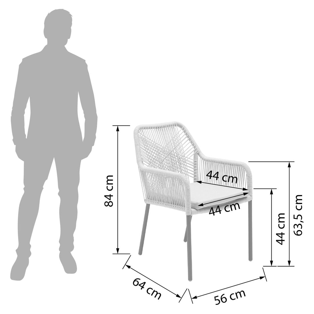 Detalj av tau og aluminium på Stabelstol Stilo aluminium/tau med sittepute