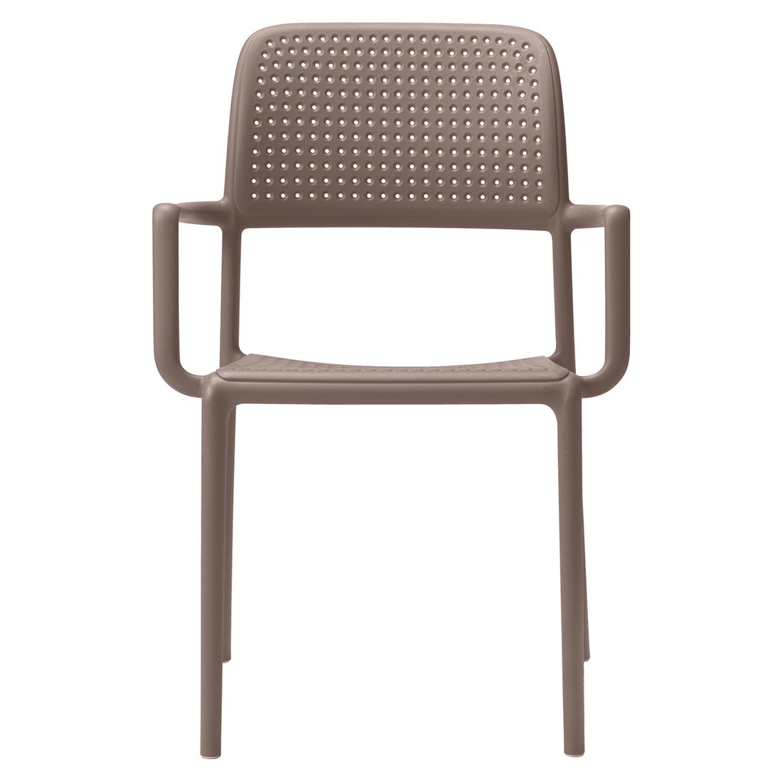 Montert stabelstol ute Bora med armlener plast 59x59 cm på terrasse