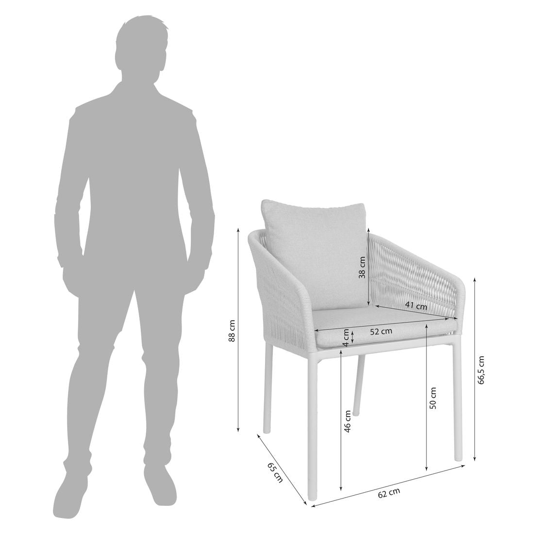 Stabelstol ute Jella aluminium tau utestoff 62x65 cm detalj rope fletting