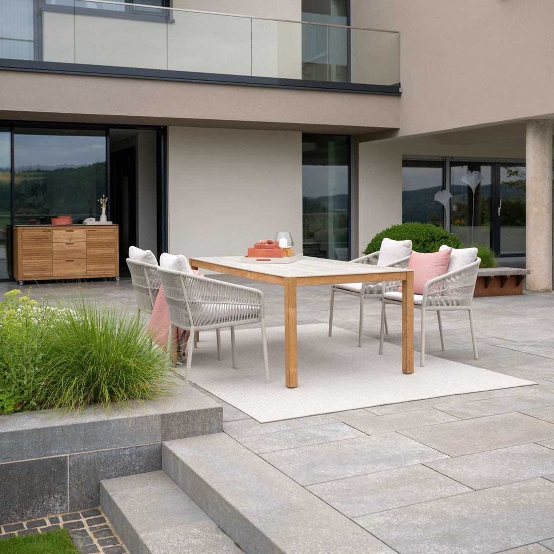 Stabelstol ute Jella aluminium tau utestoff 62x65 cm sideprofil