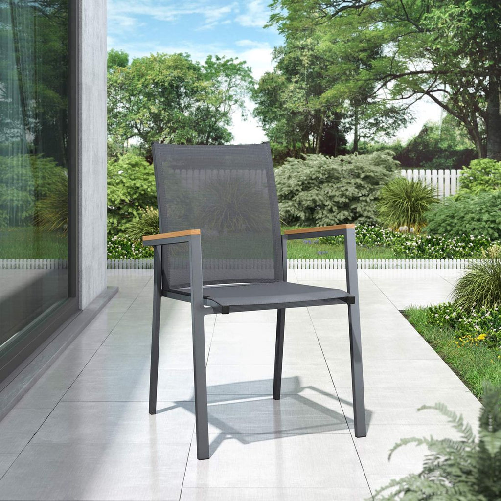 Stabelstol ute Kobe aluminium/textilen med teak-armlener - OUTLIV bakside