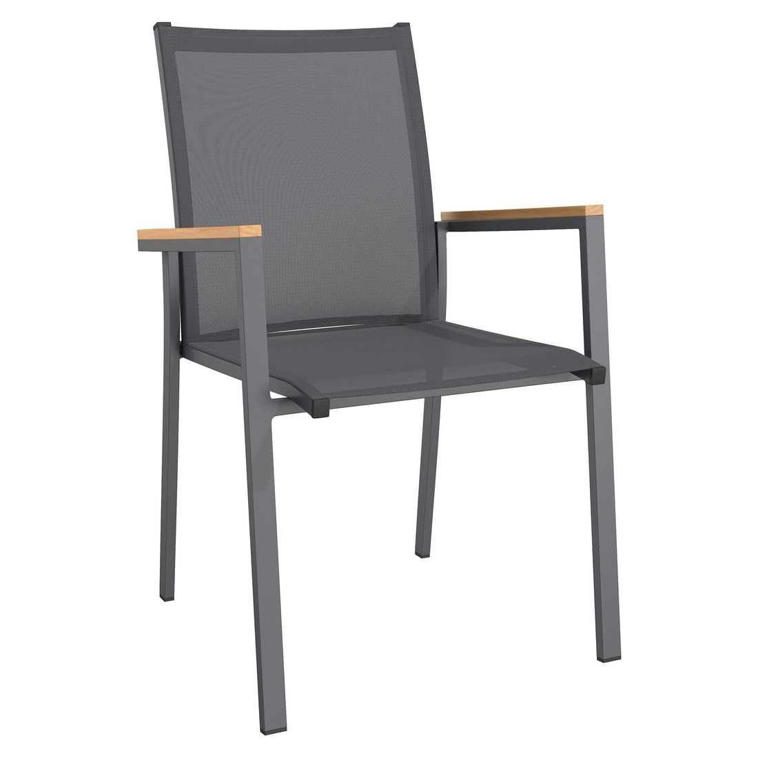 Stabelstol ute Kobe aluminium/textilen med teak-armlener - OUTLIV forfra