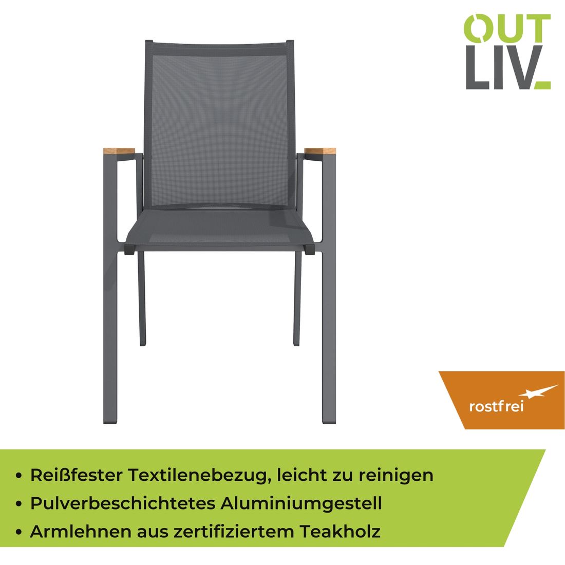 Stabelstol ute Kobe aluminium/textilen med teak-armlener - OUTLIV.