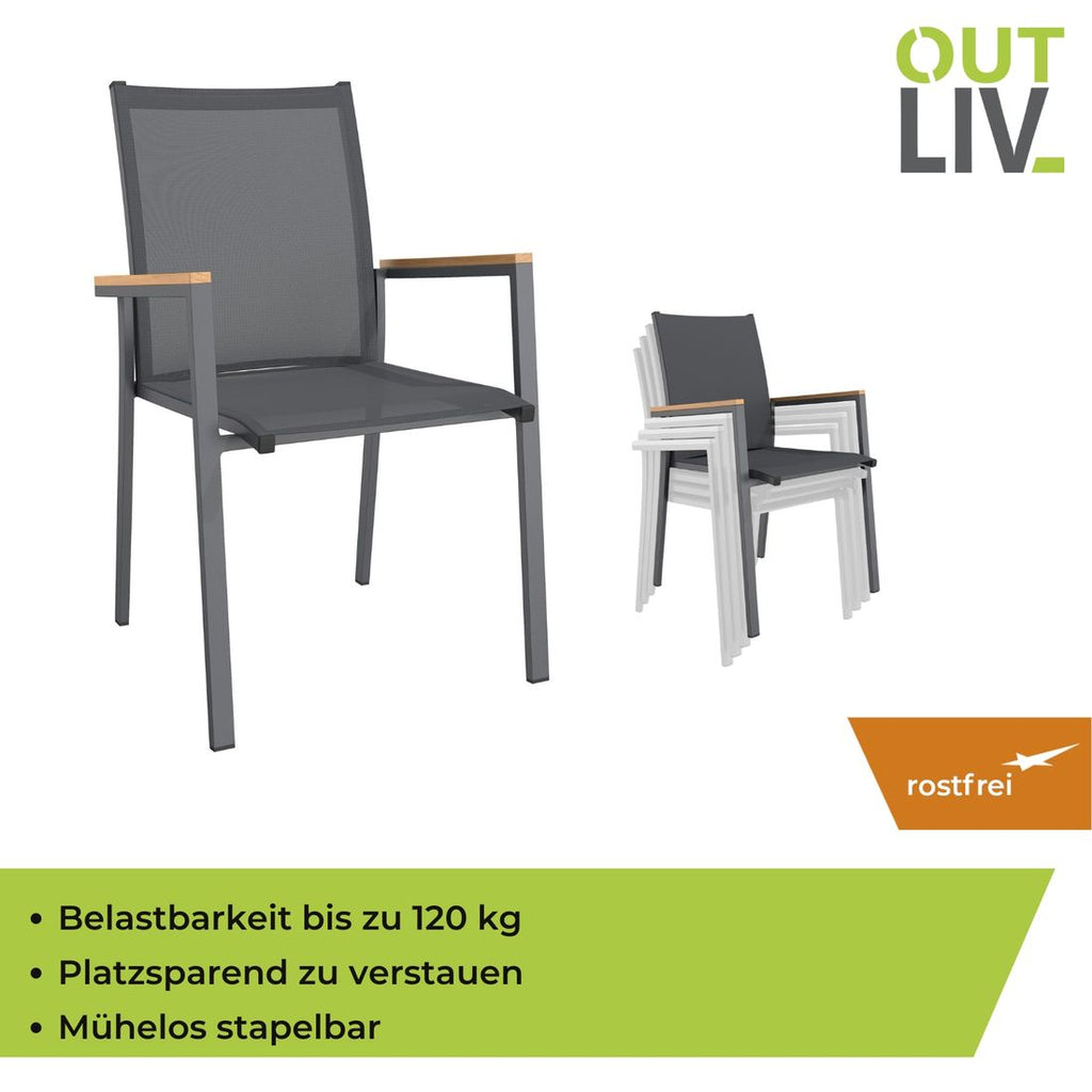 Stabelstol ute Kobe aluminium/textilen med teak-armlener - OUTLIV.