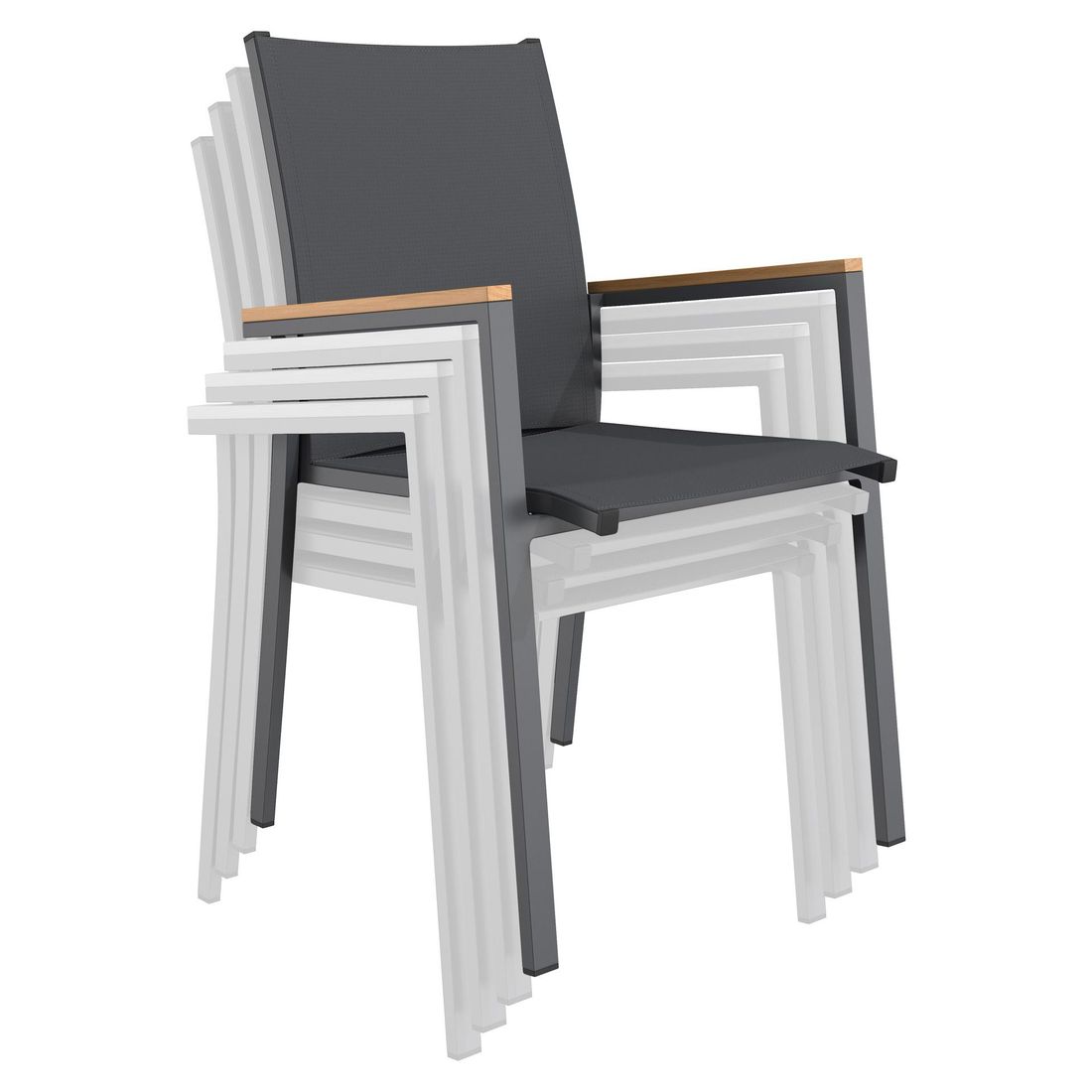 Stabelstol ute Kobe aluminium/textilen med teak-armlener - OUTLIV.