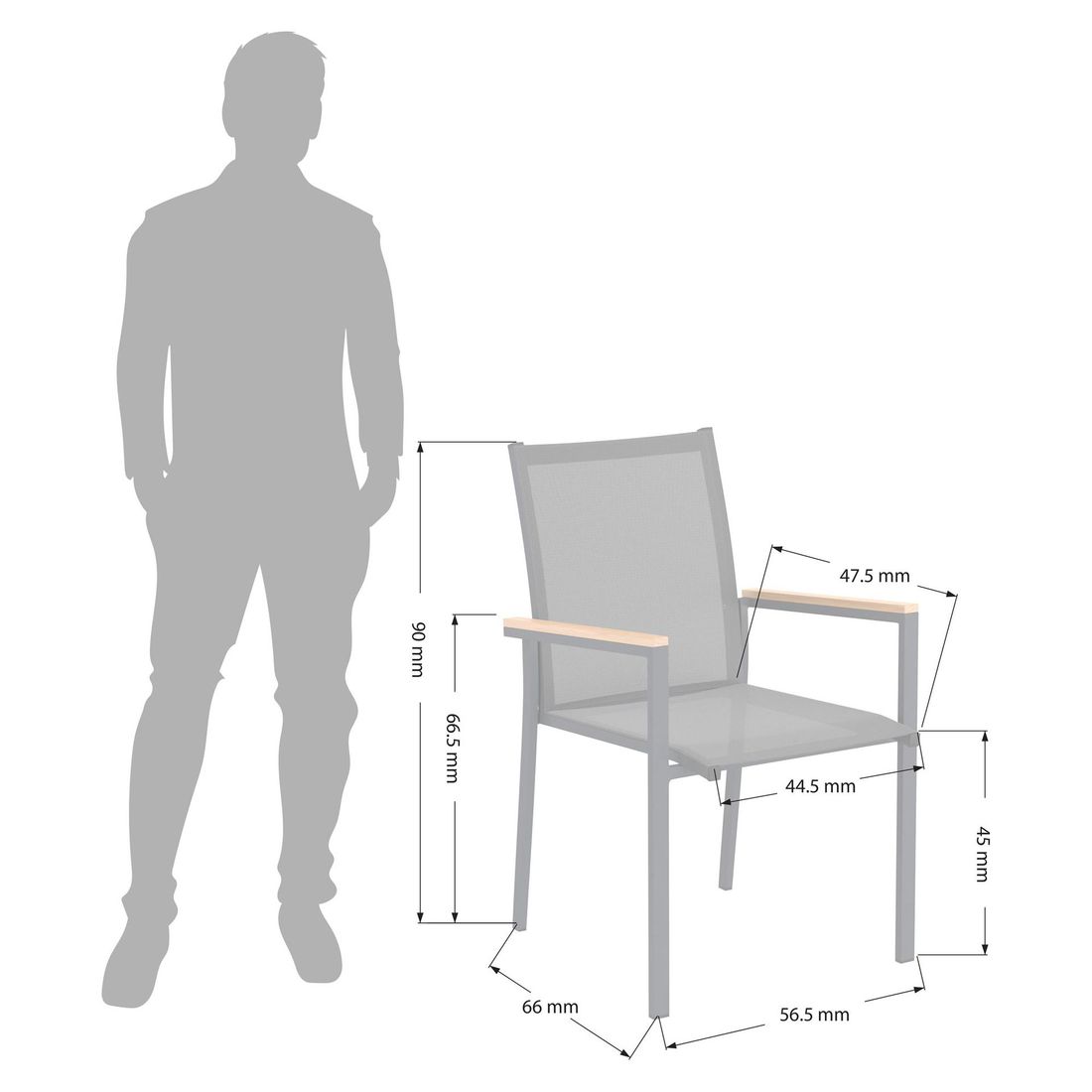 Stabelstol ute Kobe aluminium/textilen med teak-armlener - OUTLIV detalj teak-armlener